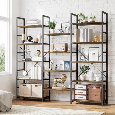 Triple Wide 5 Tier Bookshelf, Rustic Industrial Style Bookcases With 14 Open Display Shelves | Wayfair North America