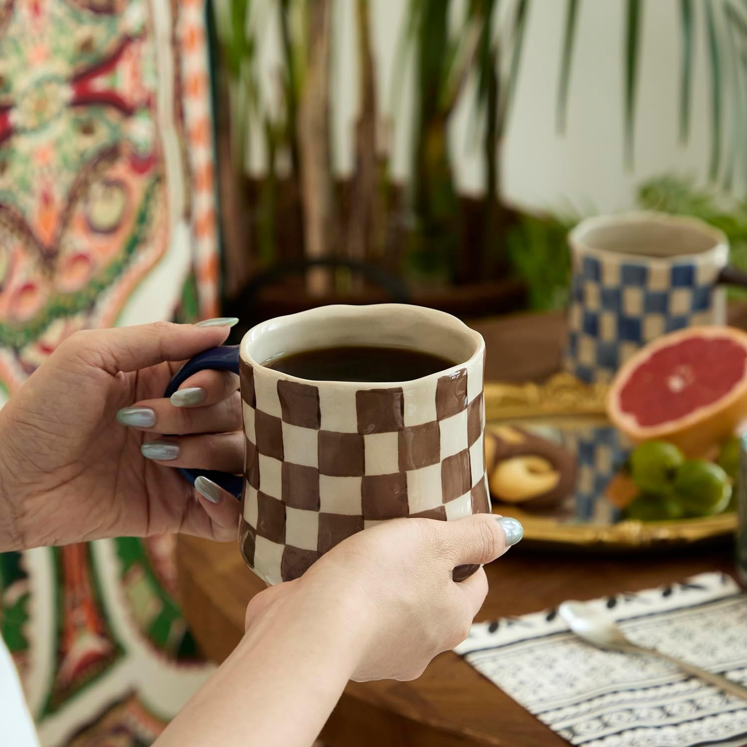 Retro Checkered Ceramic Coffee Mug 16Oz - Extra Large Handle, Microwave Safe Vintage Patterned Tea Cup for Home, Office Brown and White Checkered Pattern, Blue Handle | Amazon (US)