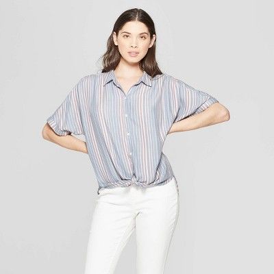 Women's Striped Short Sleeve Collared Camp Shirt - Universal Thread&#153; Blue | Target