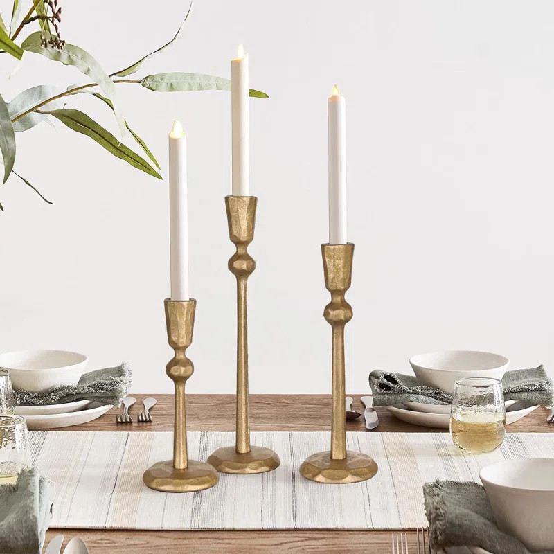 Antique Brass Iron Taper Candle Holder - Set Of 3 Decorative Candle Stand, Candlestick Holder For... | Wayfair North America