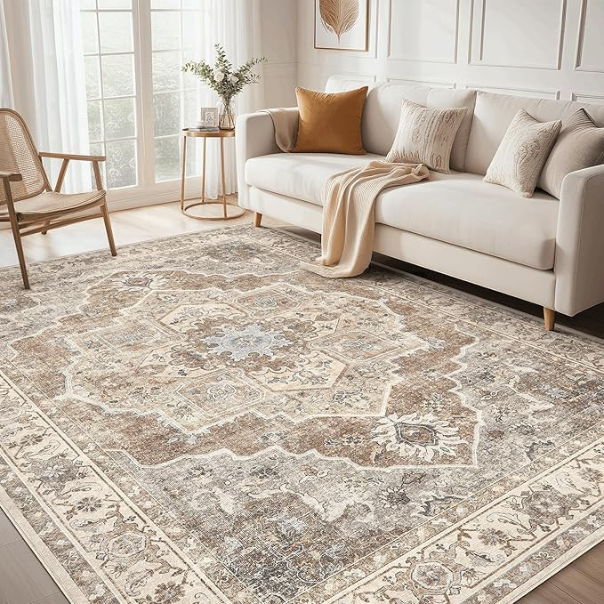 8x10 Washable Area Rug: Vintage Neutral Soft Non Slip Thin Large Floor Carpet for Living Room Bed... | Amazon (US)