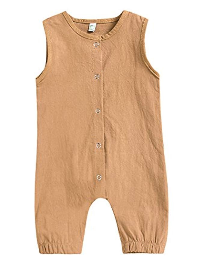 Mini honey Infant Toddler Baby Girls Boys Navy/Brown Button up Sleeveless Romper Jumpsuit Shorts Sum | Amazon (US)