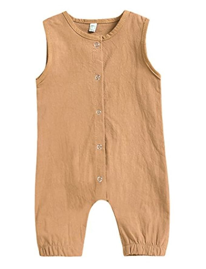 Mini honey Infant Toddler Baby Girls Boys Navy/Brown Button up Sleeveless Romper Jumpsuit Shorts Sum | Amazon (US)