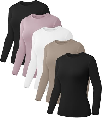 Kinglaman 5 Pack Womens Basic Long Sleeve Shirts Crew Neck Slim-Fit Fitted T Shirts Tops Undershi... | Amazon (US)
