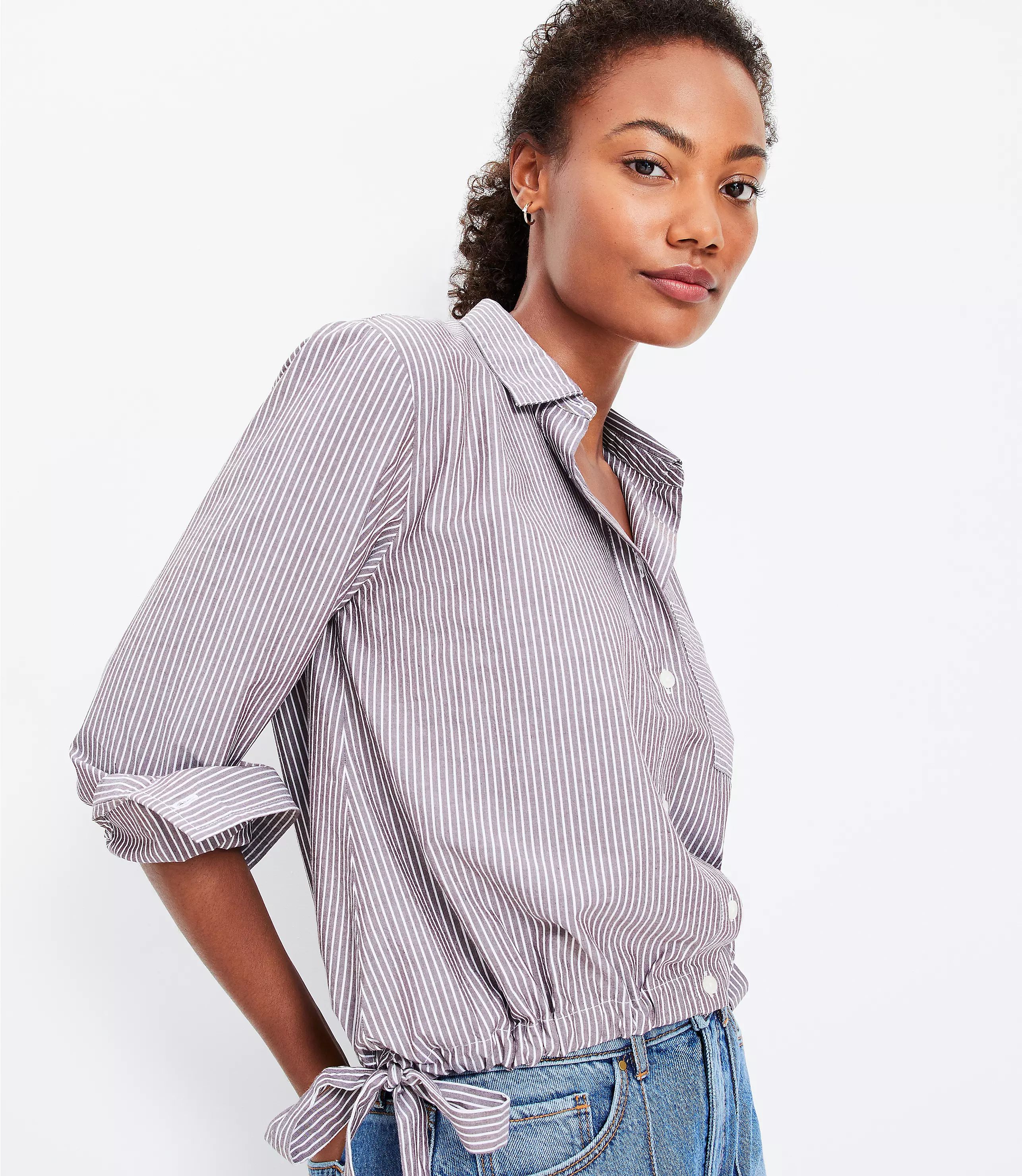 Striped Cotton Blend Side Tie Pocket Shirt | LOFT