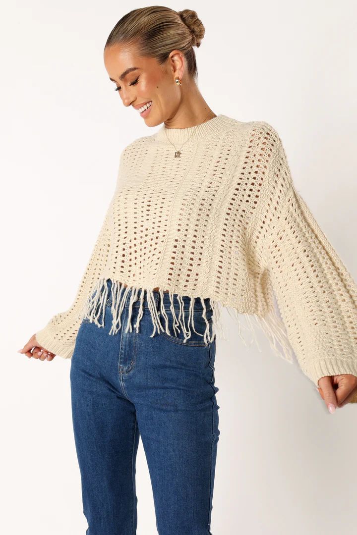 Katalina Fringe Crop Knit Sweater - Cream | Petal & Pup (US)