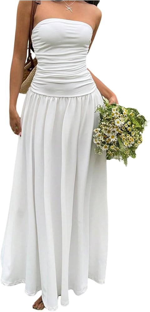 Verdusa Women's Drop Waist Wedding Guest Dress Ruched Strapless Backless A Line Maxi Dresses | Amazon (US)