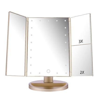 deweisn Floor Mount Tri-Fold Lighted Vanity Mirror with 21 LED Lights, Touch Screen and 3X/2X/1X ... | Amazon (US)