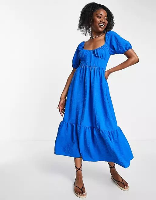 Stradivarius textured midi dress in blue | ASOS (Global)