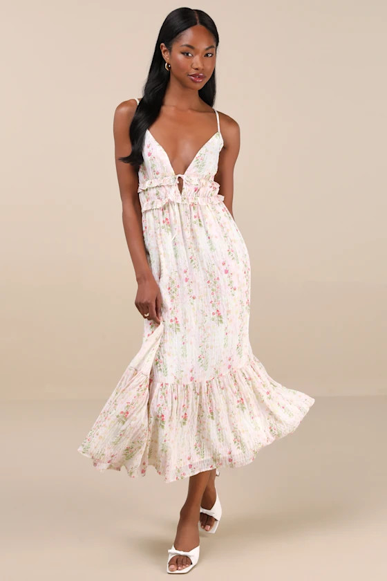Sandi Ivory Multi Floral Tie-Front Midi Dress | Lulus