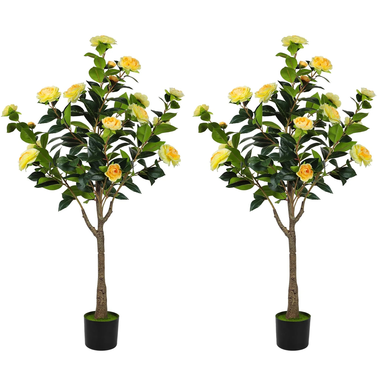 2 Pack 4FT Artificial Camellia Flowers Tree, Yellow Fake Camellia Plant Potted with Faux Greenery... | Walmart (US)