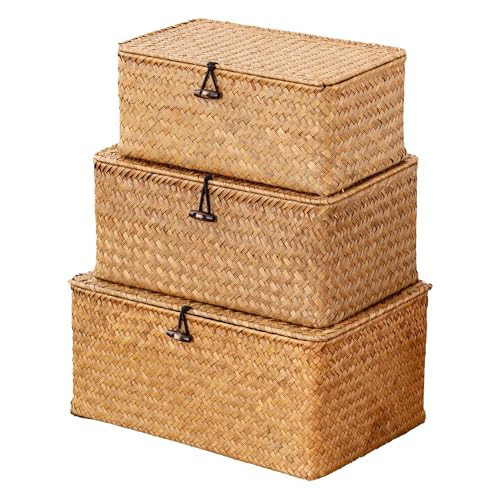 Nonam Storage Basket with Lid, Natural Seagrass Bin with Lid Set of 3, Shelf Baskets Multipurpose Container for Boho Decoration, Rectangular Household Storage Boxes for Home Organization-Natural | Amazon (US)