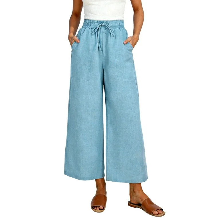 Womens Culotte Pants High Waisted Wide Leg Capris Elastic Drawstring Waist Blue Casual Loungewear... | Walmart (US)