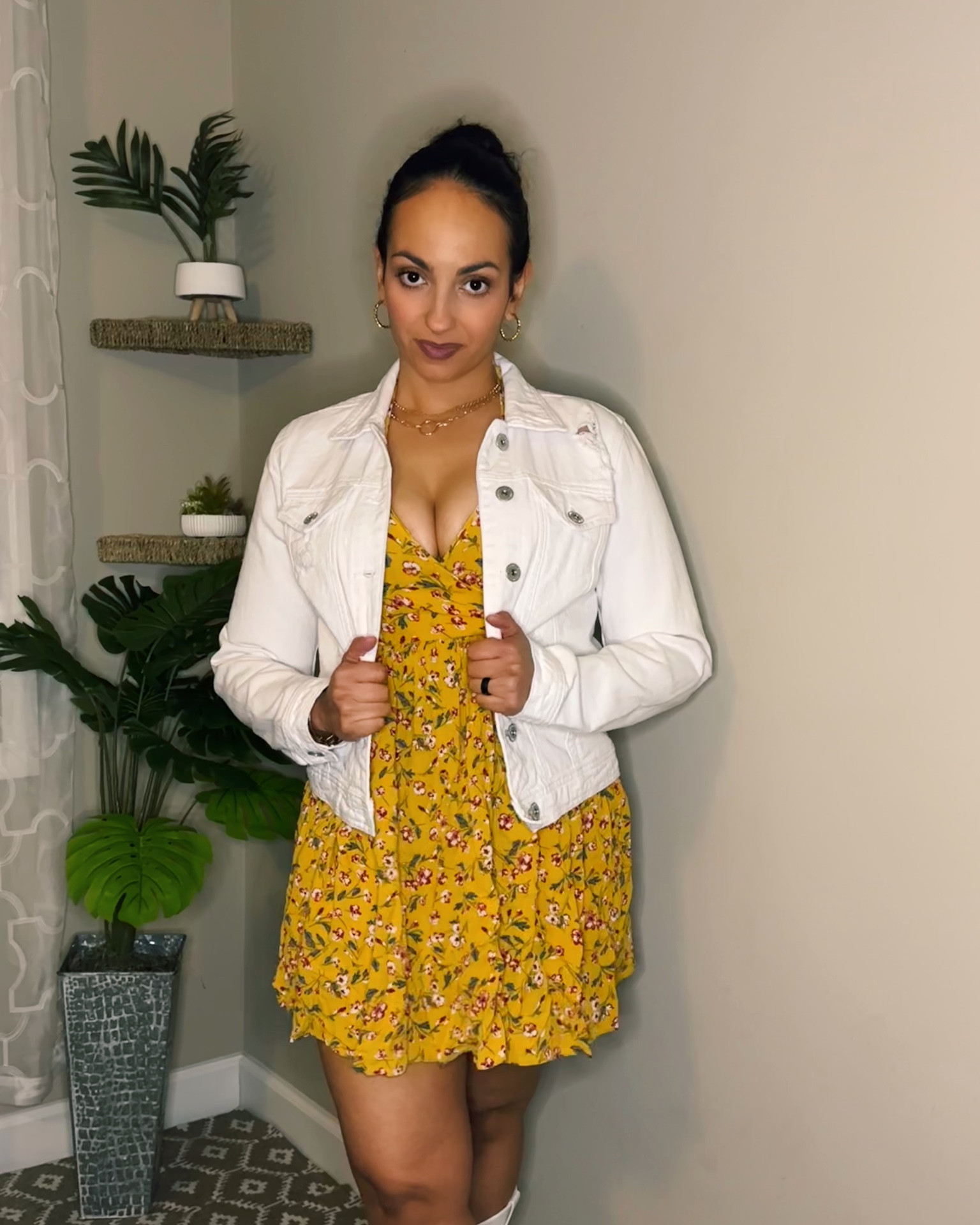 Spring Outfit, OOTD, outfit of the day, casual outfit, yellow floral dress, white jean jacket, white cowboy boots

#LTKfit #LTKSeasonal