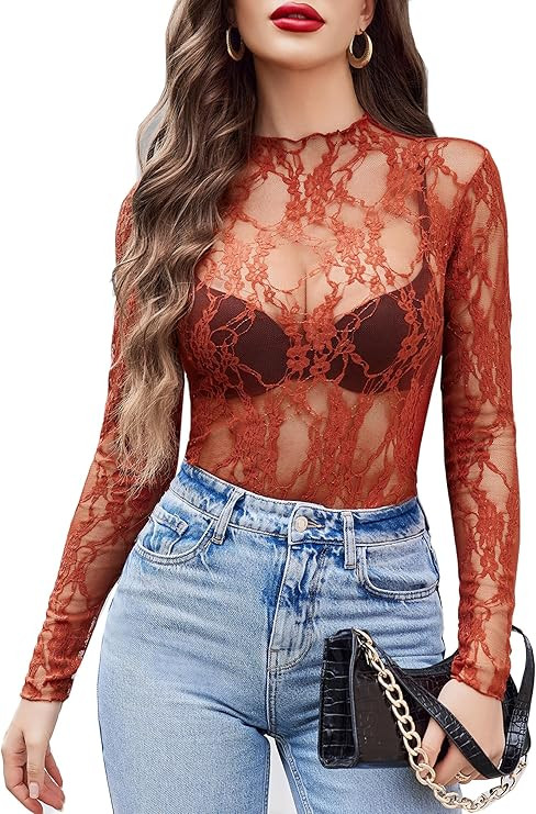Avidlove Women's Mesh Top Long Sleeve Mock Neck Sheer Blouse See Through Floral Lace Tops | Amazon (US)