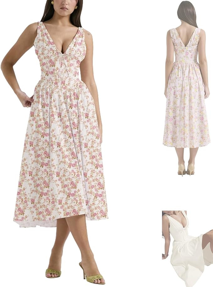 Emmelina Cotton Corset Sundress,Control Slim Long Skirt V-Neck Floral Corset Dress,V-Neck Floral ... | Amazon (US)