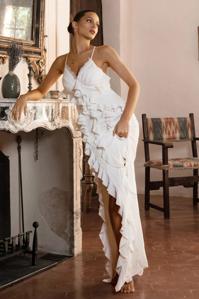 Clematis | White Lace Strappy Ruffled Maxi Dress | Club L London