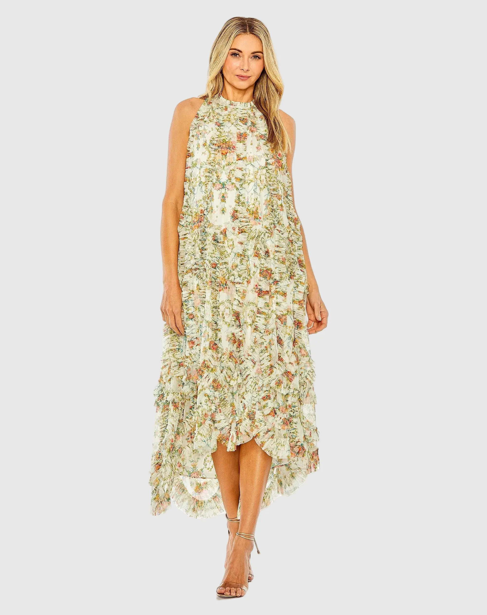 Mac Duggal - Ivory Sleeveless High Neck Ruffle Floral Dress - Ivory Multi / XL | Mac Duggal