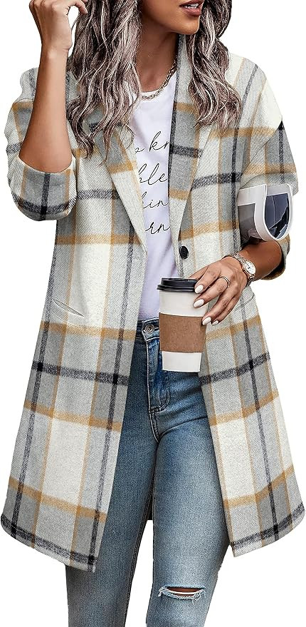 Zeagoo Women 2023 Plaid Jacket Mid Length Trench Coat Fall Wool Pea Coat with Pockets | Amazon (US)