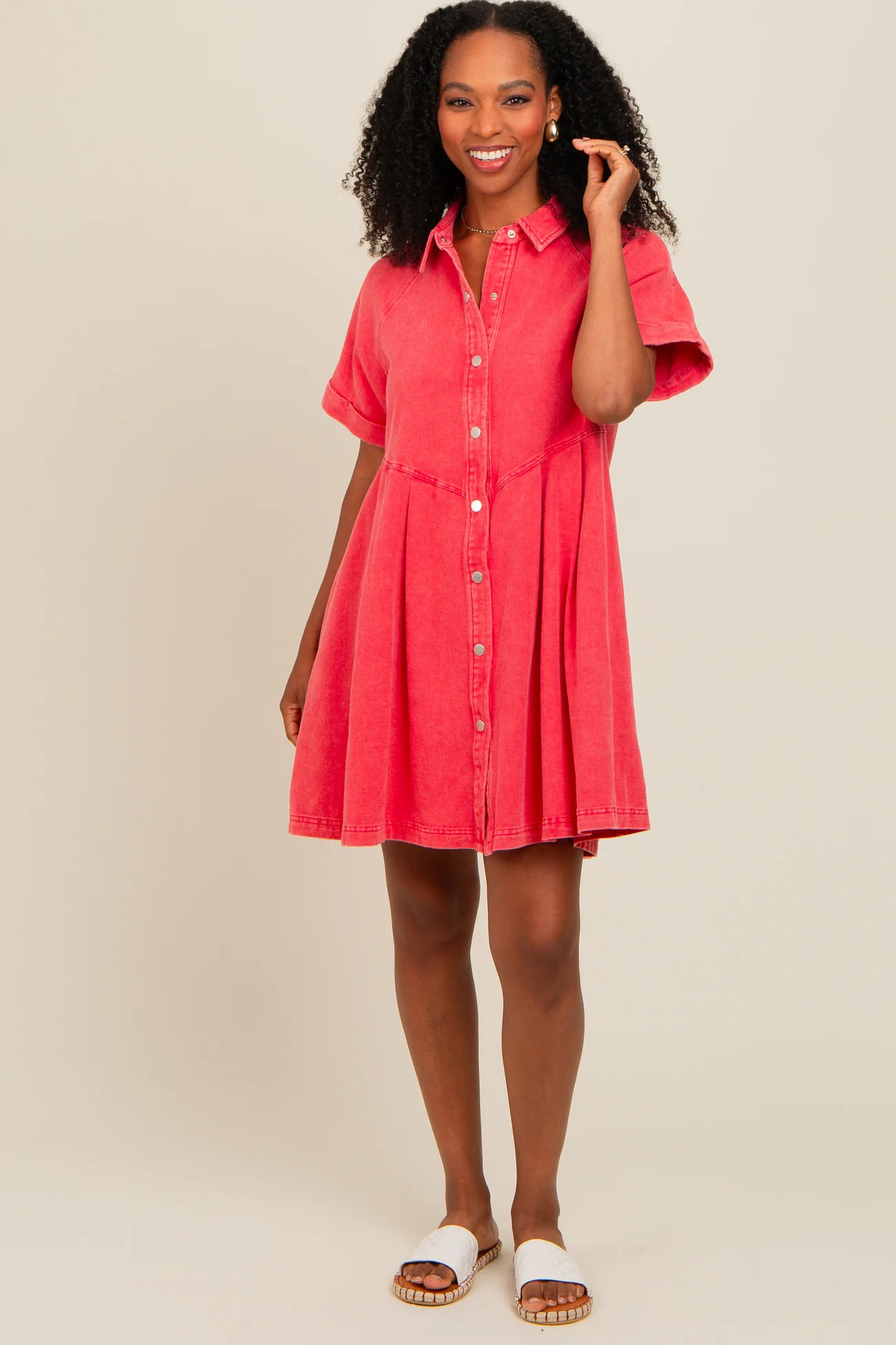 Red Denim Button Down Mini Dress | PinkBlush Maternity