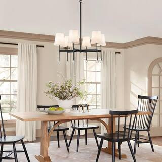 TinHon 6-Light Modern Black Chandelier with White Linen Shades and Crystal Accents for Dining Roo... | The Home Depot
