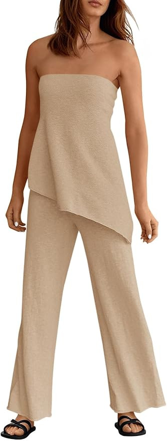 Tankaneo Womens 2 Piece Outfits Asymmetrical Tube Top Wide Leg Pants Knit Vacation Travel 2025 Ma... | Amazon (US)