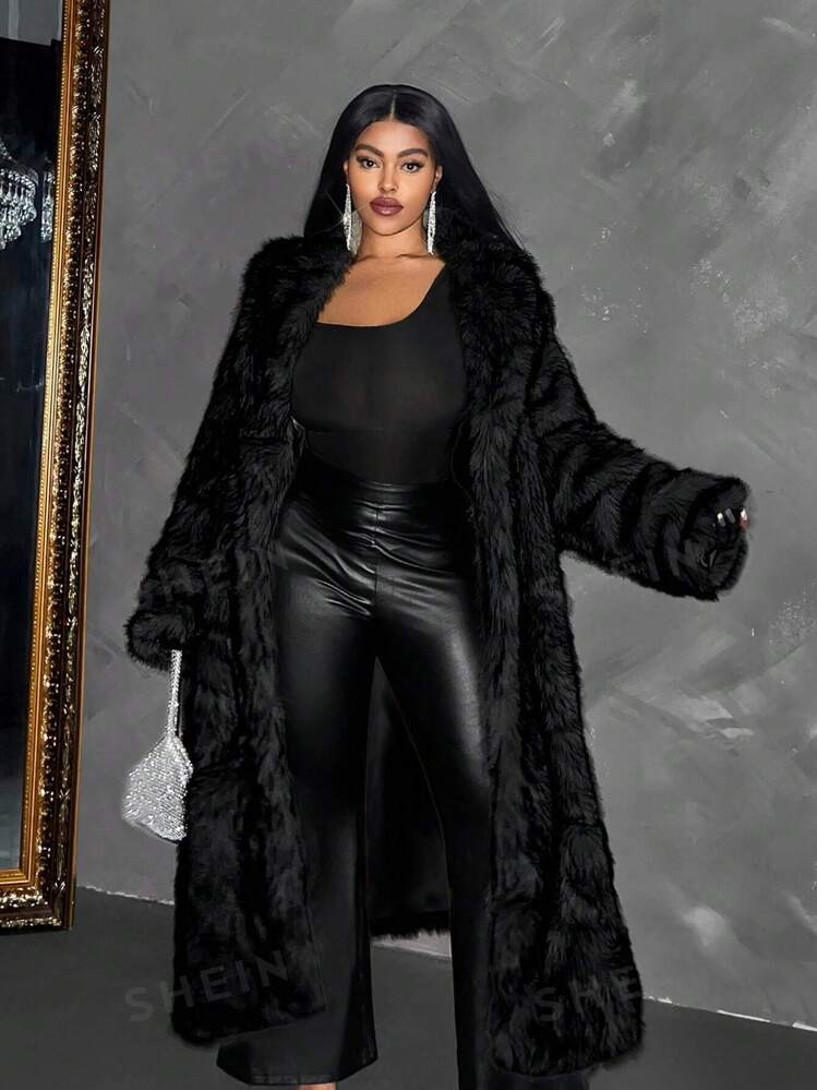 SHEIN Slayr Plus Size Women Luxury Solid Color Extra Long Fluffy Coat, For Winter | SHEIN