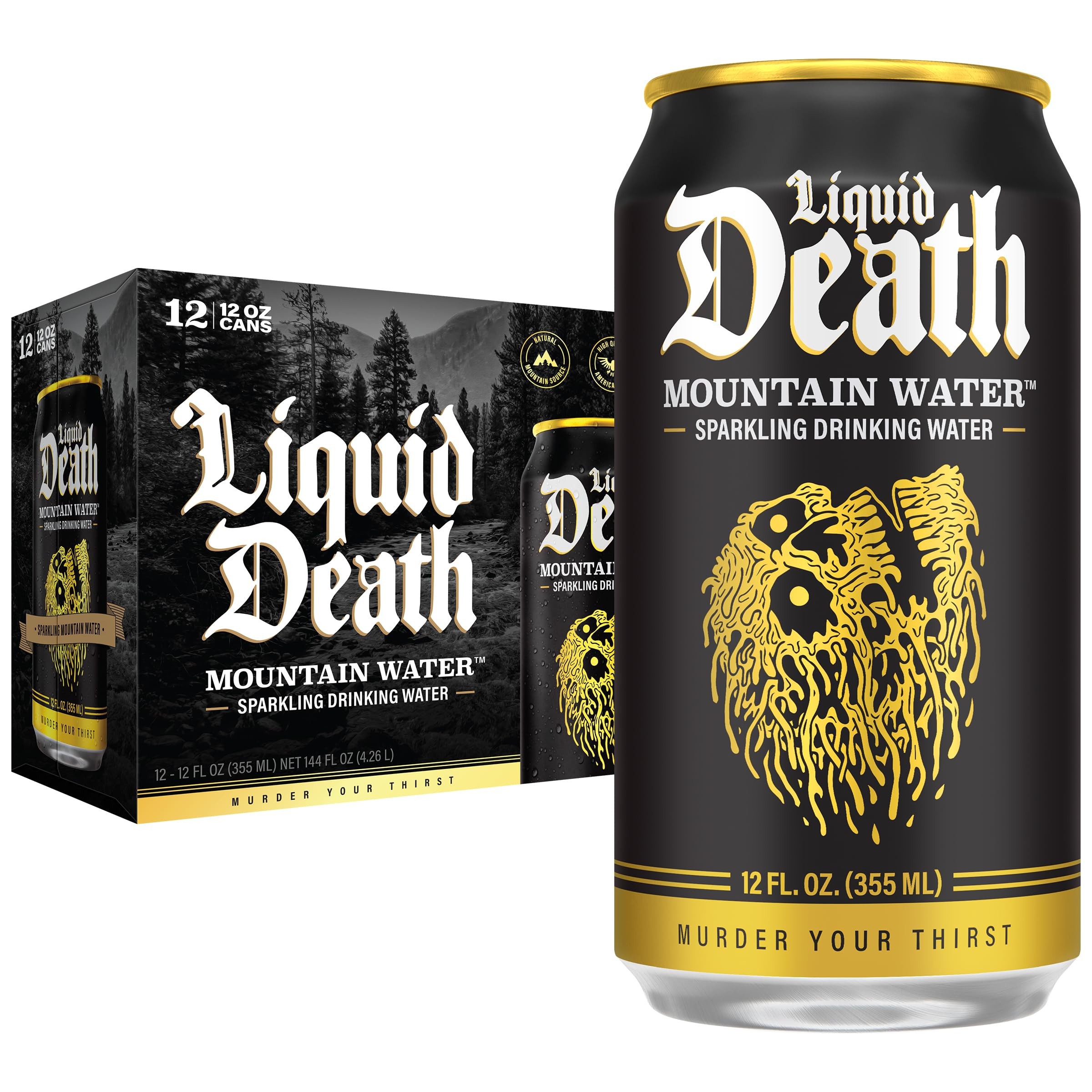 Liquid Death, Sparkling Mountain Water, 12-Pack (12oz Cans), Real Mountain Source, Infinitely Recyclable Ice-Cold Cans, American Made | Amazon (US)