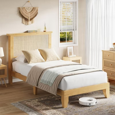 Rattan Twin Bed Frame, Boho Twin Size Bed Frame with Natural Rattan Headboard, Lights, Wooden Support Legs and Slats, Noise-Free | Target