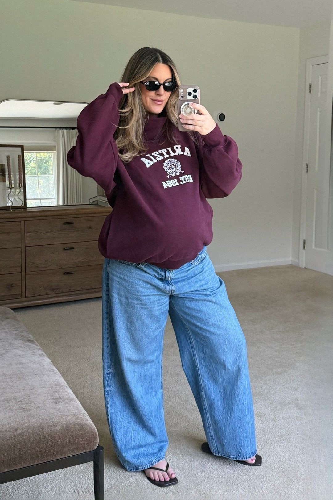 Aritzia fall outfit idea / size L in sweatshirt (sized up 1 for oversized), sized up 3 sizes in jeans for preg (32) 🍂 aritzia style, simple outfit idea, fall outfits, bump outfits, pregnancy style, fall transition outfit

#LTKCon #LTKSeasonal #LTKBump
