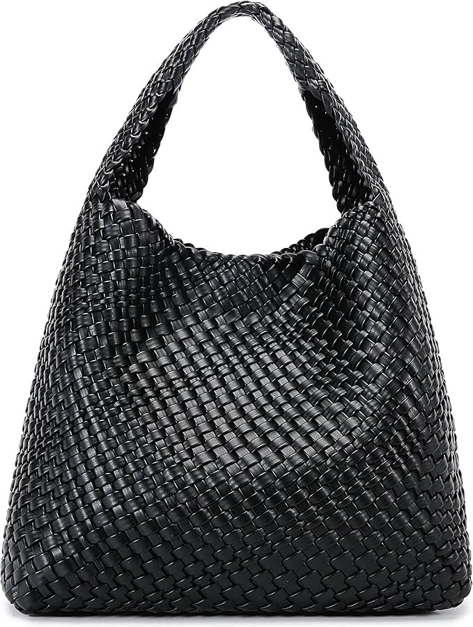 Queenoris Fashion Woven Purse for Women Top-handle Shoulder Bag Soft Summer Hobo Tote Bag (Black) | Amazon (US)