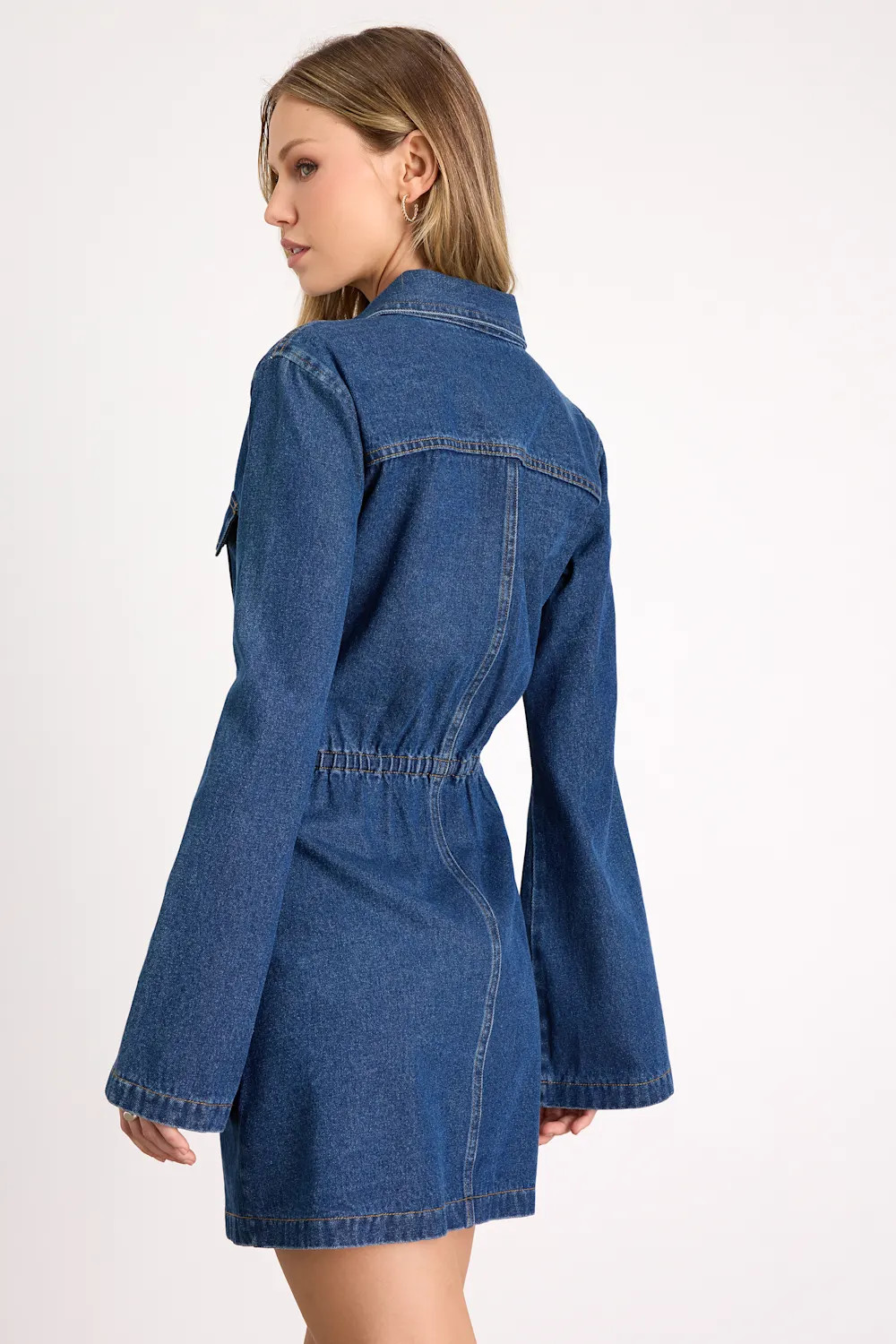 Amita Medium Wash Button-Front Bell Sleeve Mini Dress | Lulus