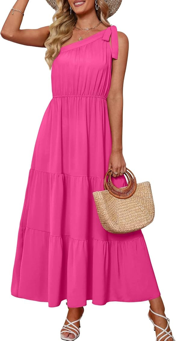 NIASHOT Maxi Dress for Women One Shoulder Ruffle Tiered Summer Dresses Empire Waist Flowy | Amazon (US)