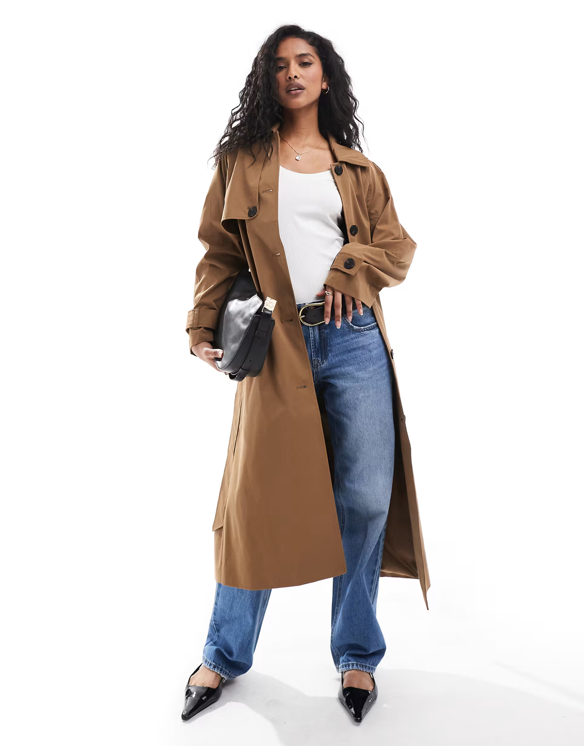 Vila - Trench-coat noué à la taille avec boutons à l'avant - Camel foncé | ASOS (Global)