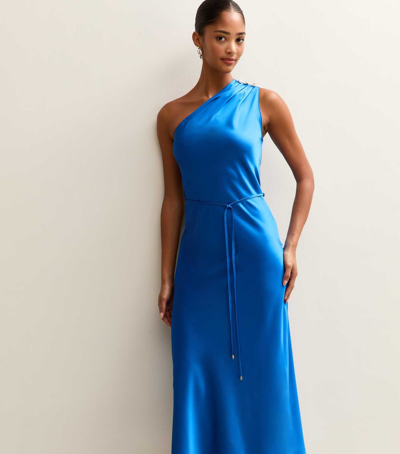 Bright Blue Satin One Shoulder Tie Waist Midi Dress | New Look | New Look (UK)