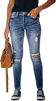 Allimy Women's High Rise Skinny Stretch Ripped Jeans High Waisted Destroyed Denim Pants | Amazon (US)