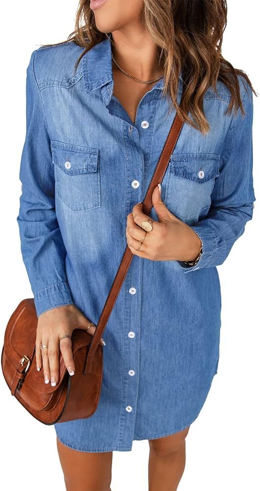 GRAPENT Women Casual Denim Shirt Dress Button Down Pockets Long Sleeve Tunic Top | Amazon (US)