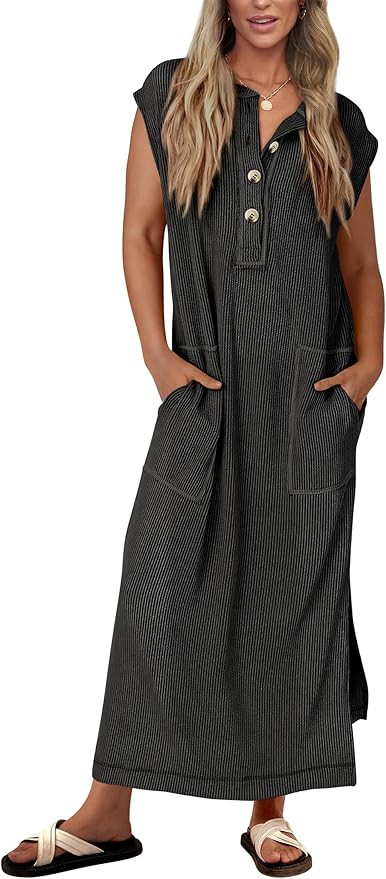 KIRUNDO Womens Summer Dresses 2026 Spring Ribbed Knit Henley Short Sleeve Maxi Dress Button Up Lo... | Amazon (US)