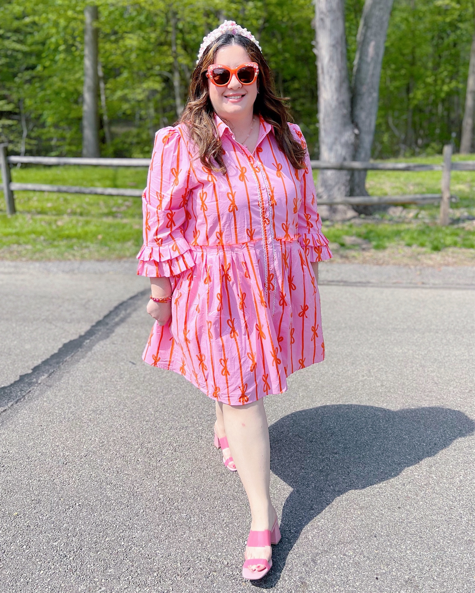 Pink and orange dress with bow print, embellished sunglasses, pink block heel, preppy outfit, palm beach style 

#LTKmidsize #LTKfindsunder100 #LTKSeasonal