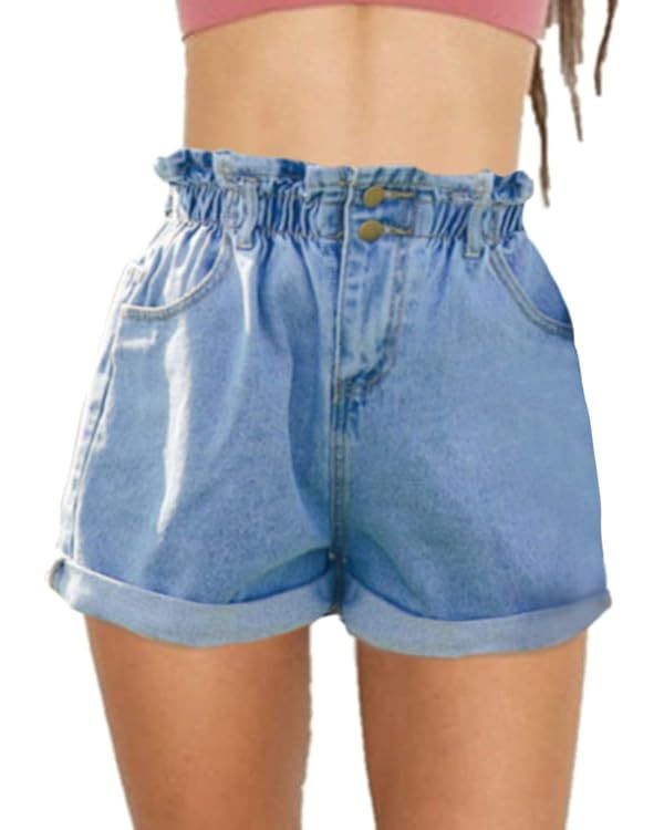 Haola Women's Juniors Vintage Summer Denim High Waisted Folded Hem Jeans Shorts | Amazon (US)