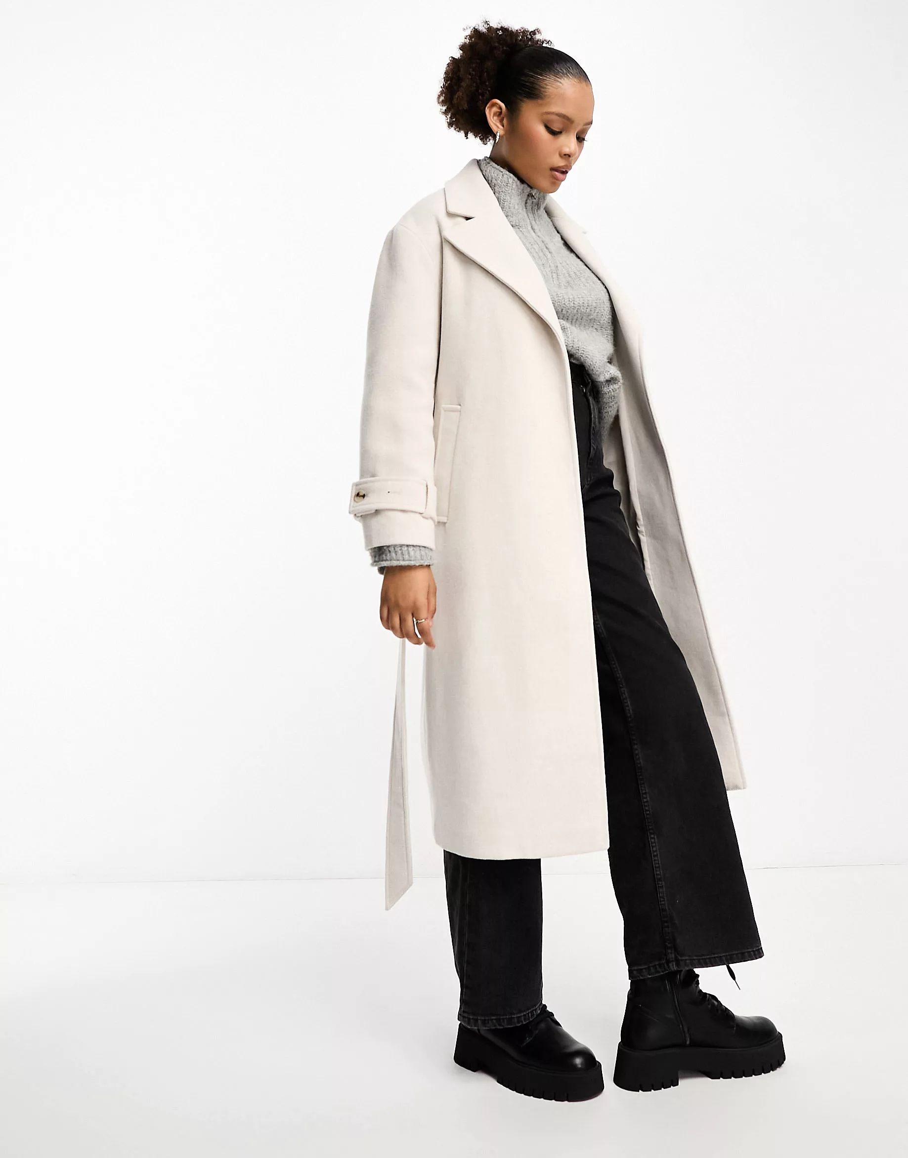 Stradivarius tailored belted coat in off white | ASOS (Global)
