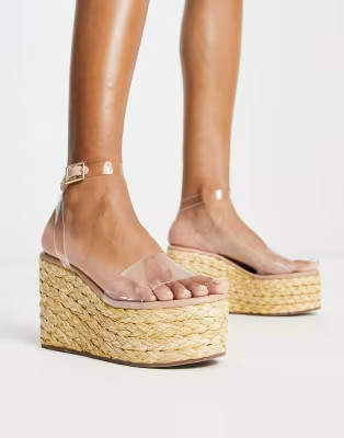ASOS DESIGN Tali raffia detail wedge in clear | ASOS (Global)