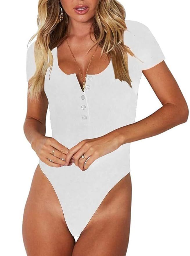 Dressmine Womens Summer Bodysuit Tops Button Down Short Sleeve Shirts Basic Tees | Amazon (US)