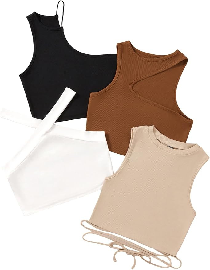 Milumia Women's 4 Pack Ribbed Knit Sleeveless Plain Slim Fit Crop Tank Tops Set | Amazon (US)
