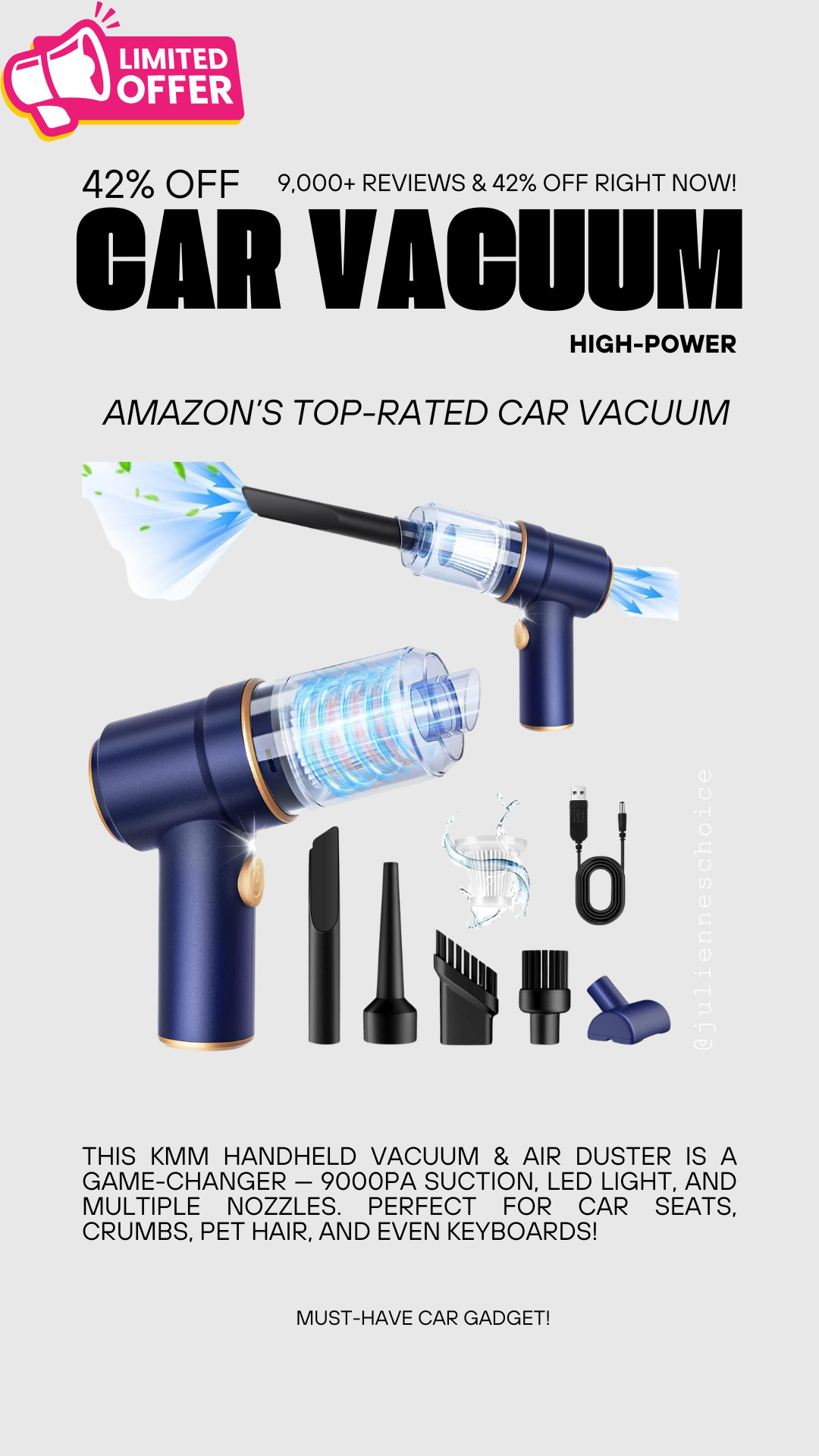 🚗✨ Must-Have Car Gadget!
This KMM Handheld Vacuum & Air Duster is a game-changer — 9000Pa suction, LED light, and multiple nozzles.
Perfect for car seats, crumbs, pet hair, and even keyboards!
💨 Dual function: Sucks in, blows out
🔌 USB rechargeable
⭐ 9,000+ reviews & 42% OFF right now!

🛒 Tap to shop it now before the deal ends! ✨julienneschoice

#CarEssentials #VacuumCleaner #AmazonFinds #LTKHome #LTKAuto #LTKDeal 

 #LTKSaleAlert