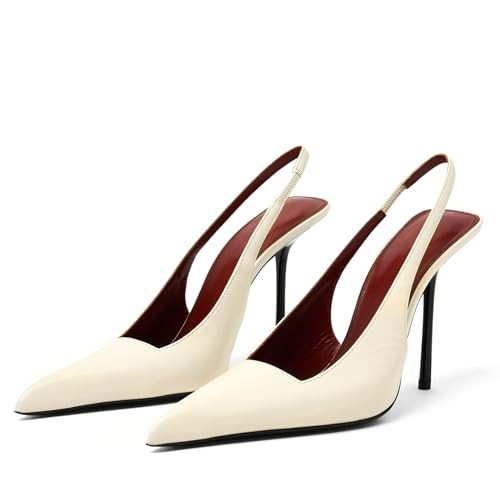 BIUBAKUA White Slingback Heels for Women Pointed Toe Stiletto High Heel Pumps Stretch Slip on Backless Patent Leather Fashion Comfortable Dress Heels Shoes | Amazon (US)