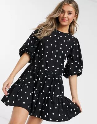 New Look balloon sleeve tiered mini dress in black polka dot | ASOS (Global)
