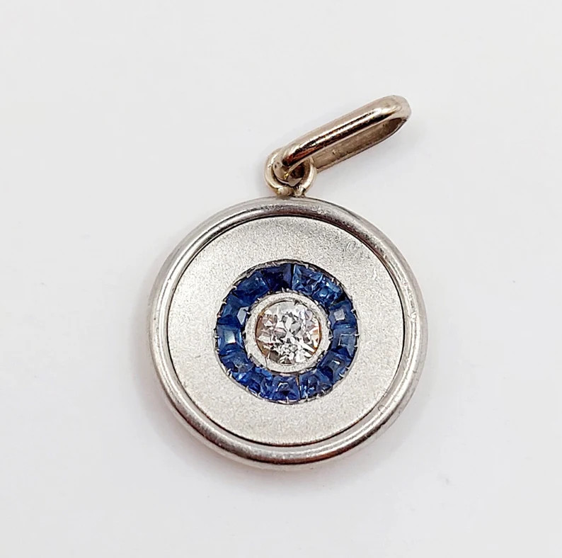 French Target Art Deco Pendant 18k White Gold Set With a 0.10 Carats Old Mine Cut Diamond Surroun... | Etsy (US)