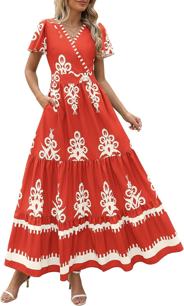 PRETTYGARDEN Womens 2026 Summer Casual V Neck Boho Maxi Dress Flowy Aline Bell Sleeve Tiered Flor... | Amazon (US)