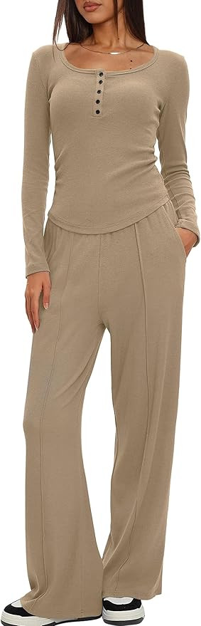 Darong Womens 2 Piece Matching Lounge Sets 2026 Long Sleeve Henley Shirts Wide Leg Pants Airport ... | Amazon (US)
